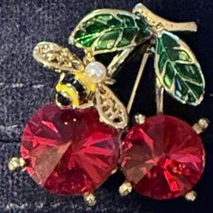 Cherries and Bee Brooch Pin gold tone with pearl and red faceted accents EUC